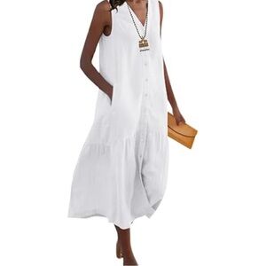 Women's Sleeveless Button Down Cotton Sleeveless Dress | Jumper A-Line Tiered